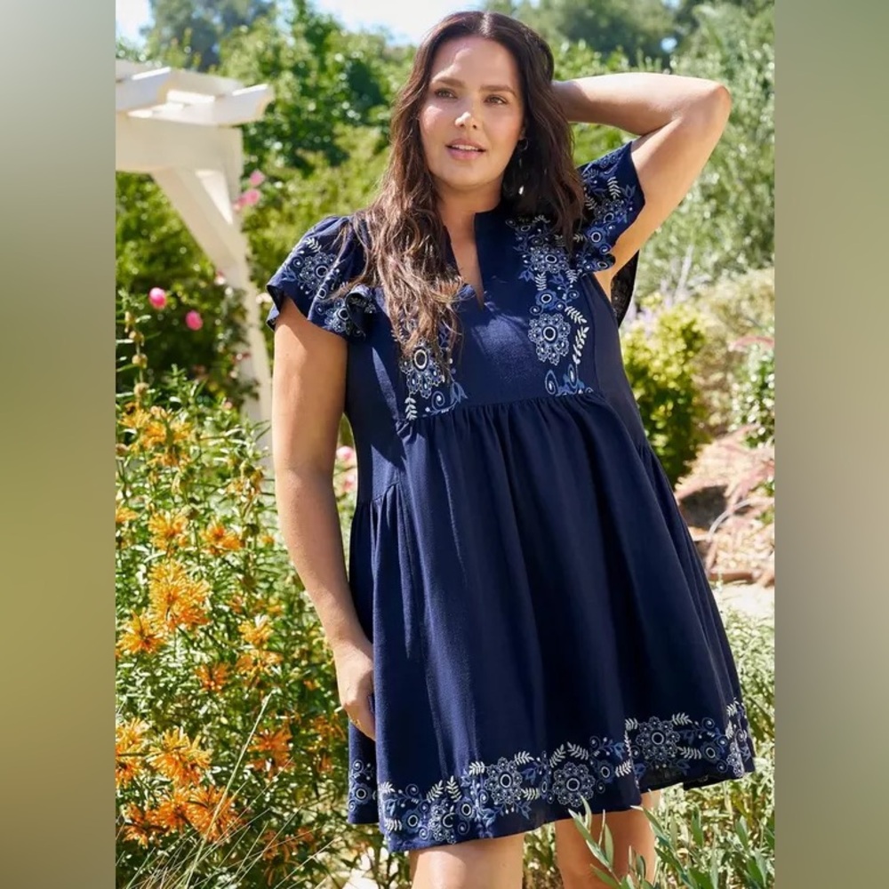 NWT 1X Torrid Belle Isle Navy Blue flutter sleeve trapeze embroidered dress NEW - Picture 3 of 14